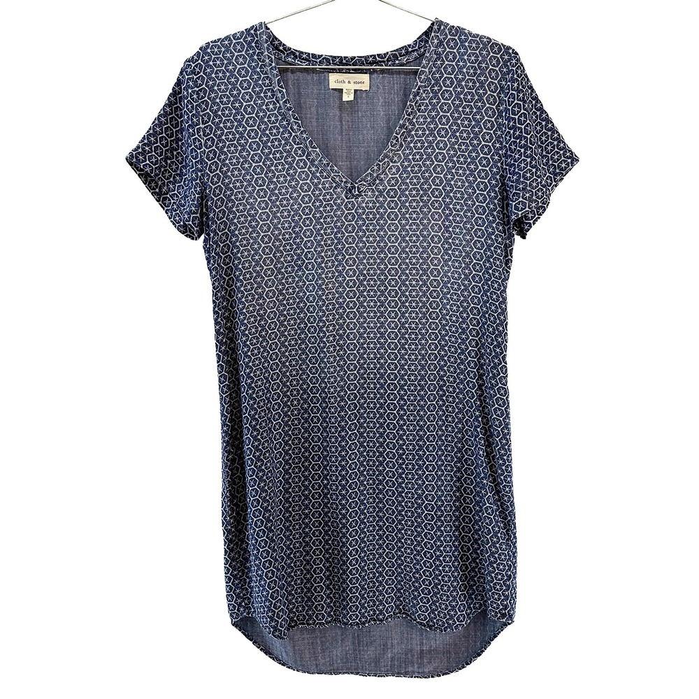 CLOTH & STONE Justine 100% Tencel V-neck Shirt Dress • Small • denim blue, white